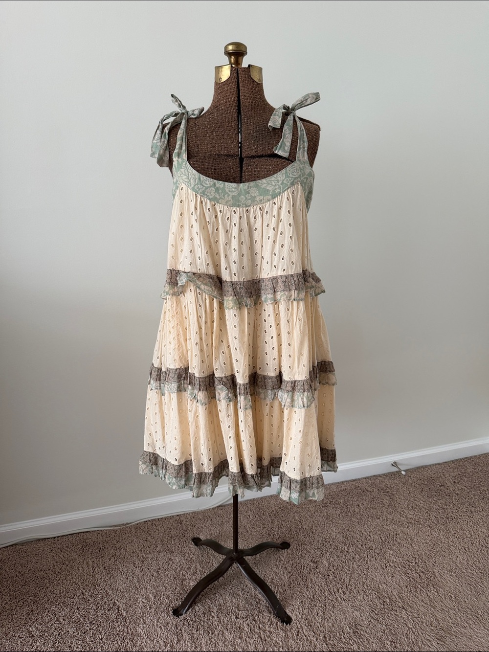 Anthropologie Cream Eyelet Mini Dress with Sage Trim